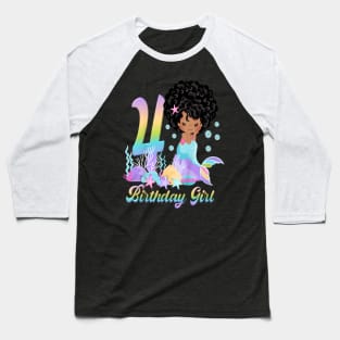 Kids Four 4Th Birthday 4 Year Old Girl African American Mermaid Baseball T-Shirt